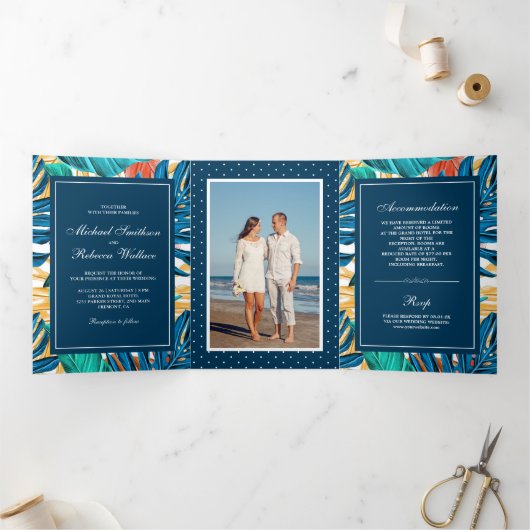 Exotische Tropische Bladeren Tuin Foto bruiloft Drieluik Uitnodiging (Binnen)