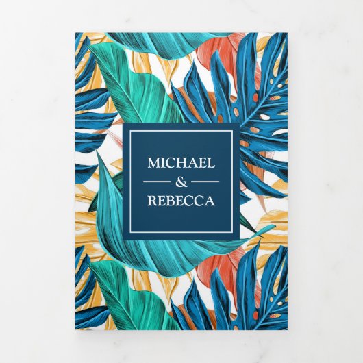 Exotische Tropische Bladeren Tuin Foto bruiloft Drieluik Uitnodiging (Cover)