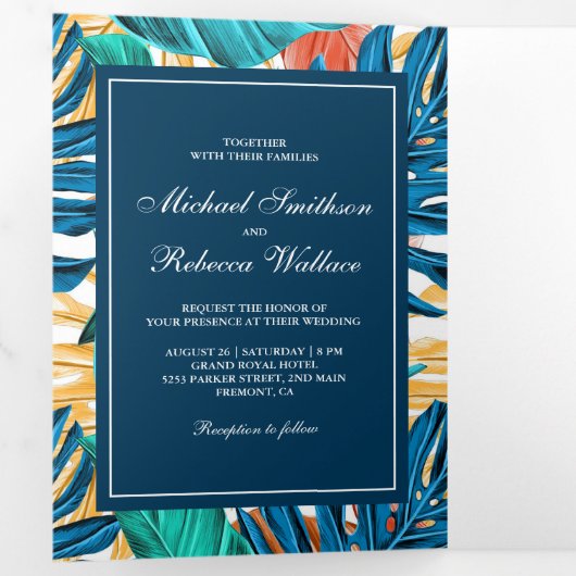 Exotische Tropische Bladeren Tuin Foto bruiloft Drieluik Uitnodiging (Binnenzijde eerst)