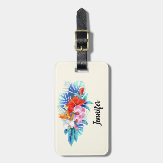 Exotische tropische bloemen in roze en Turquoise Bagagelabel (Voorkant verticaal)