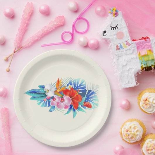 Exotische tropische bloemen in roze en Turquoise Papieren Bordje (Feest)