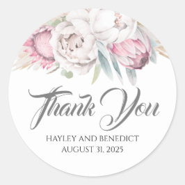 Exotische tropische bloemen roze bruiloft ronde sticker