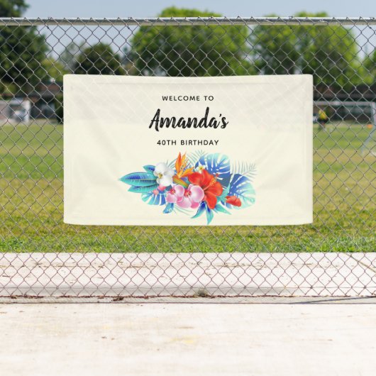 Exotische tropische bloemen - Roze en Aqua Birthda Spandoek (Insitu)