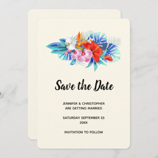 Exotische tropische bloemen - Roze en Aqua Save The Date (Voorkant / Achterkant)