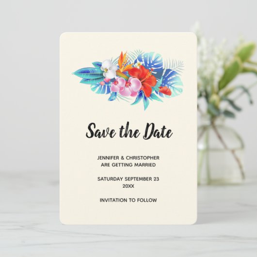 Exotische tropische bloemen - Roze en Aqua Save The Date (Staand voorkant)