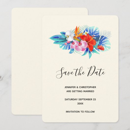 Exotische tropische bloemen - Roze en Aqua Save The Date (Voorkant / Achterkant)