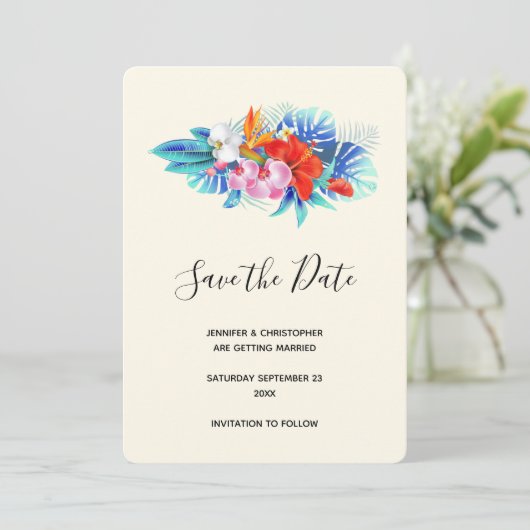 Exotische tropische bloemen - Roze en Aqua Save The Date (Staand voorkant)