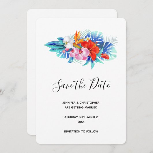 Exotische tropische bloemen - Roze en Aqua Save The Date (Voorkant / Achterkant)