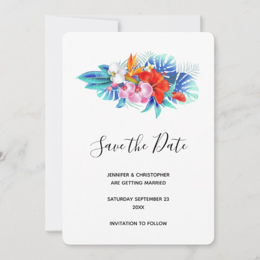 Exotische tropische bloemen - Roze en Aqua Save The Date (Voorkant)