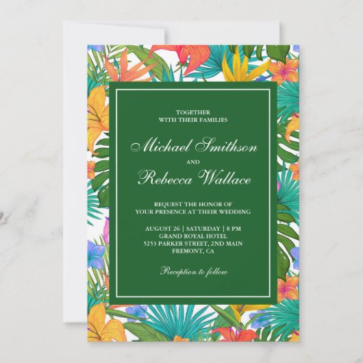 Exotische tropische kleurrijke tuin bruiloft kaart (Voorkant)