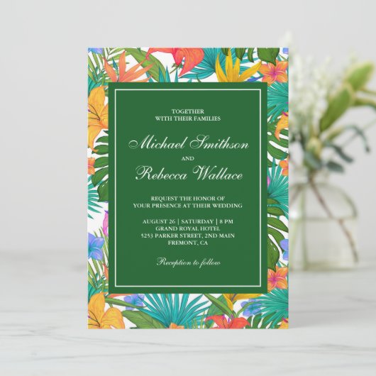 Exotische tropische kleurrijke tuin bruiloft kaart (Staand voorkant)