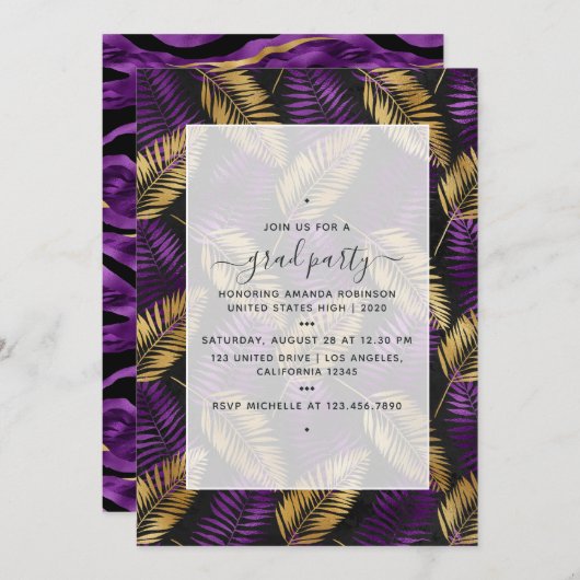 Exotische Tropische Paarse en Gold Graduation Part Kaart (Voorkant / Achterkant)
