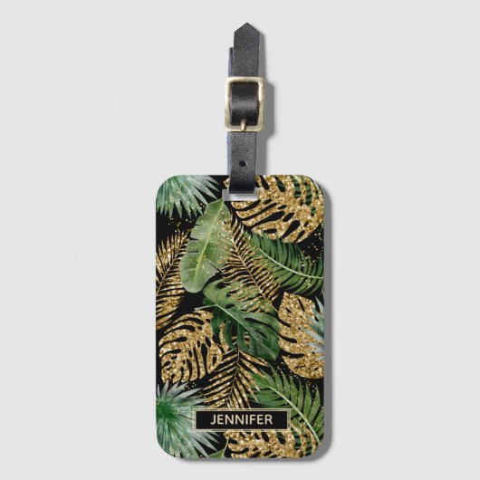 Exotische tropische palm laat faux Gold Glitter-na Bagagelabel (Voorkant (verticaal))