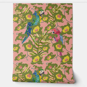 Exotische tropische papegaaien en bloemen behang