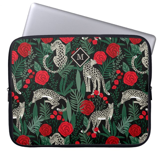 Exotische tropische patroonluipaarden en monogram laptop sleeve (Voorkant)