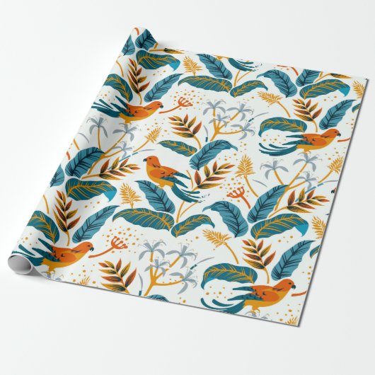 Exotische tropische vogels en bladpatroon cadeaupapier (Uitgerold)