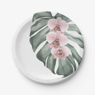 Exotische tropische Waterverf roze orchideeën Papieren Bordje