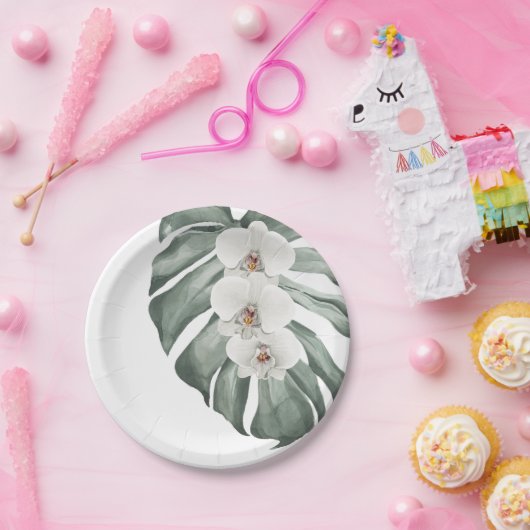 Exotische tropische Waterverf witte orchideeën Papieren Bordje (Feest)