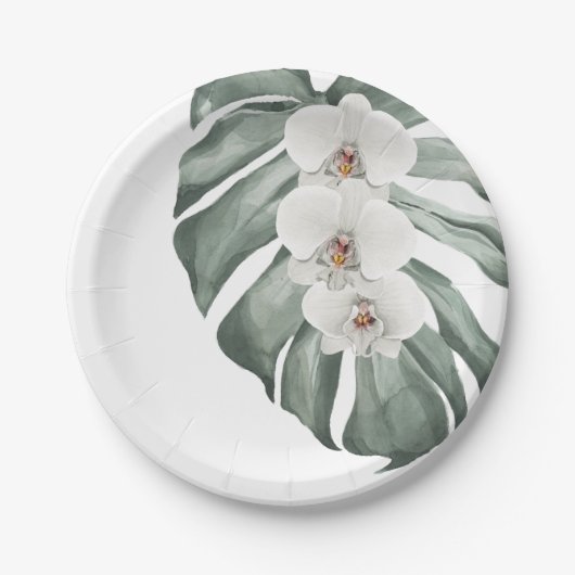 Exotische tropische Waterverf witte orchideeën Papieren Bordje (Voorkant)