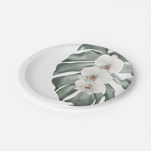 Exotische tropische Waterverf witte orchideeën Papieren Bordje (Gekanteld)