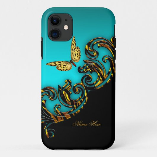 Exotische Turquoise Goud Zwarte Vlinder Case-Mate iPhone Case (Achterkant)