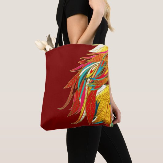 Exotische veren op rood tote bag (Dichtbij)