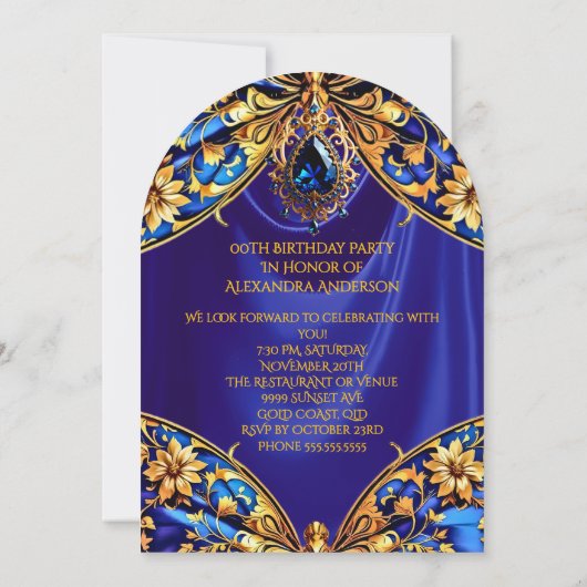 Exotische Verjaardag Blauw Goud Juweel Vlinder Kaart (Achterkant)