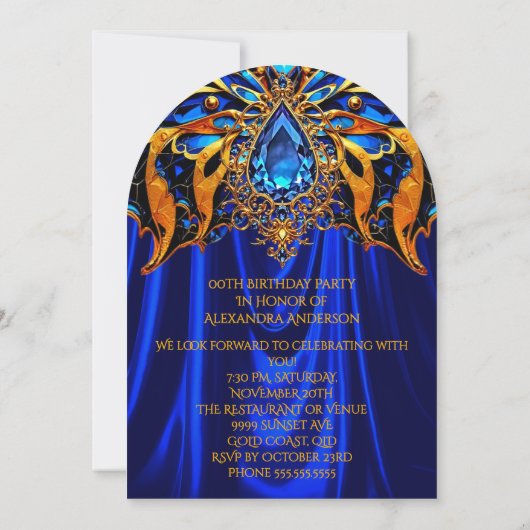 Exotische Verjaardag Blauw Sinaasappel Gouden Juwe Kaart (Achterkant)