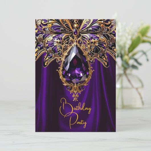 Exotische Verjaardag Rijke Paarse Gouden Juweel Vl Kaart (Staand voorkant)