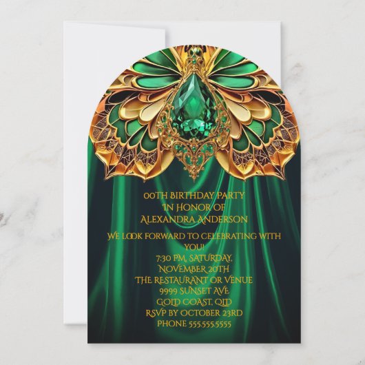 Exotische Verjaardag Smaragdgroene Gouden Juweel V Kaart (Achterkant)