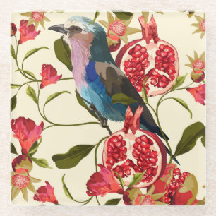 Exotische vogels, bloemen, granaatappel, tropisch. glazen onderzetter