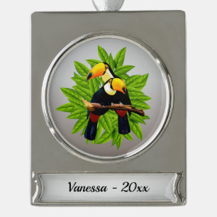Exotische vogels personaliseren met naam en datum verzilverd banner ornament