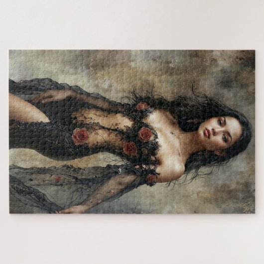 Exotische vrouw in pure zwarte jurk legpuzzel (Horizontaal)