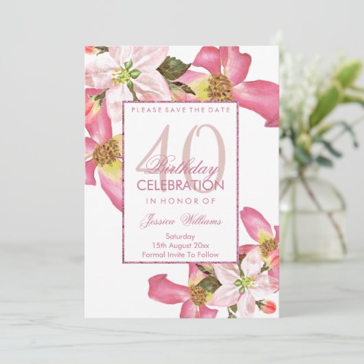 Exotische Waterverf Flowers 40th Birthday Party Save The Date (Staand voorkant)
