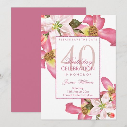 Exotische Waterverf Flowers 40th Birthday Party Save The Date (Voorkant / Achterkant)