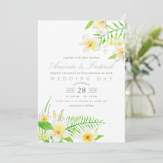 Exotische Waterverf Frangipani Floral Wedding Invi Kaart (Staand voorkant)