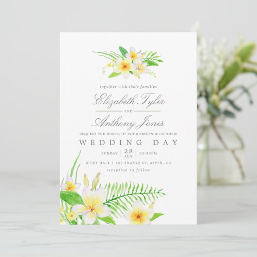 Exotische Waterverf Frangipani Floral Wedding Invi Kaart (Staand voorkant)