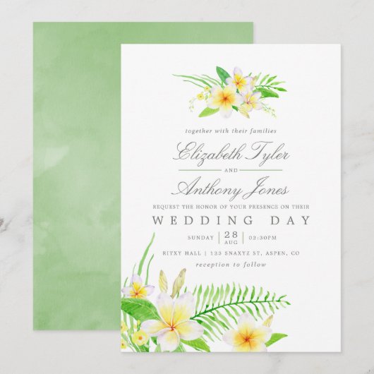 Exotische Waterverf Frangipani Floral Wedding Invi Kaart (Voorkant / Achterkant)