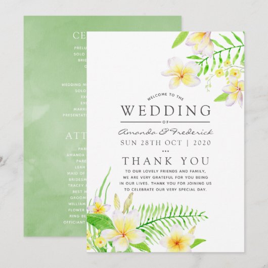 Exotische Waterverf Frangipani Floral Wedding Programmakaart (Voorkant / Achterkant)