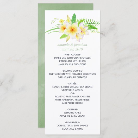 Exotische Waterverf Frangipani Weddenschap Menu (Voorkant / Achterkant)