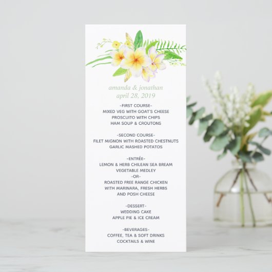 Exotische Waterverf Frangipani Weddenschap Menu (Staand voorkant)