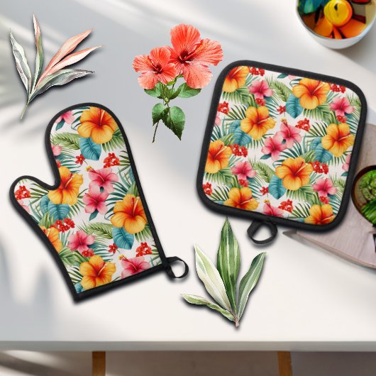 Exotische Waterverf Hawaiian Floral Ovenwant & Pannenlap Set