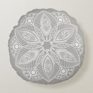 Exotische Witte Mandala op Grijze Achtergrond Rond Kussen