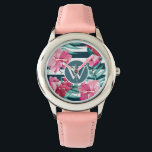 Exotische zomerbloemen ontwerp Monogram gestript Horloge<br><div class="desc">Exotic Summer Flowers design. U bent welkom om mijn winkel te bezoeken voor mooiere producten.</div>