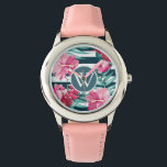 Exotische zomerbloemen ontwerp Monogram gestript Horloge<br><div class="desc">Exotic Summer Flowers design. U bent welkom om mijn winkel te bezoeken voor mooiere producten.</div>