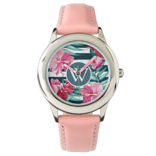 Exotische zomerbloemen ontwerp Monogram gestript Horloge