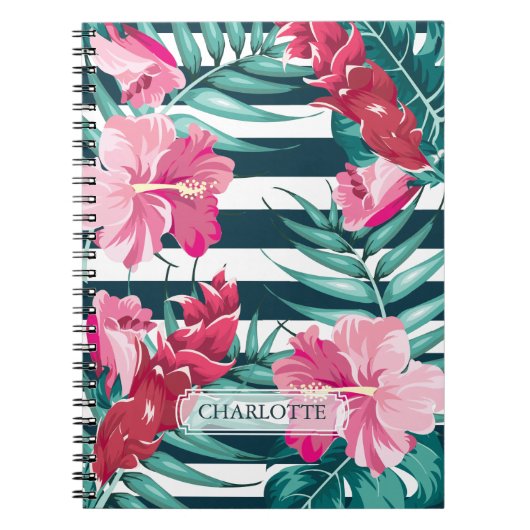 Exotische zomerFloral Monogram gestript Notitieboek (Voorkant)