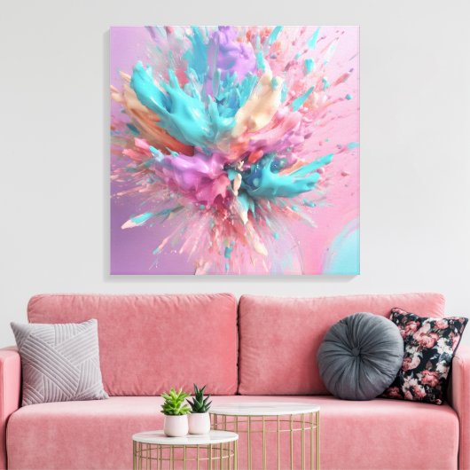 Exploderende Verf Abstract Roze Turquoise Lila Canvas Afdruk (Insitu (Woonkamer))