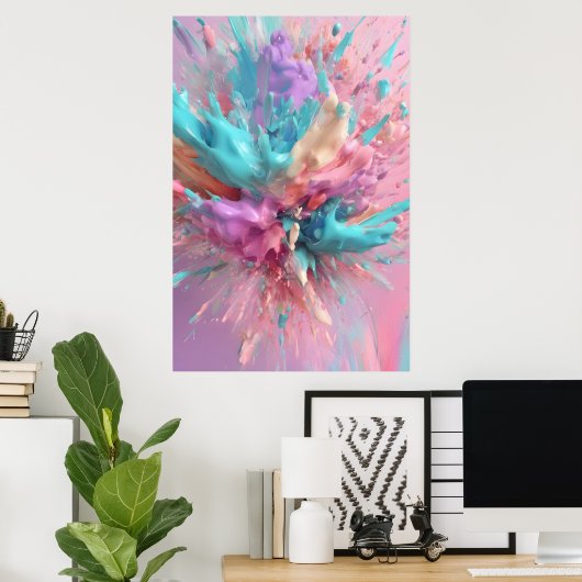 Exploderende Verf Abstract Roze Turquoise Lila Poster (Thuiskantoor)
