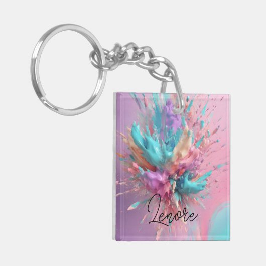 Exploderende Verf Abstract Roze Turquoise Lila Sleutelhanger (Voorkant Links)